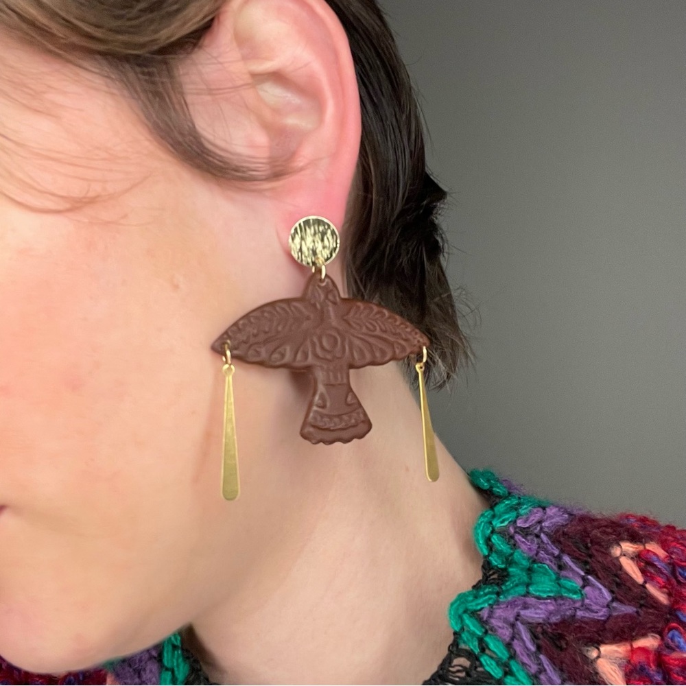 Polymer Clay Bird Earrings Brown and Gold